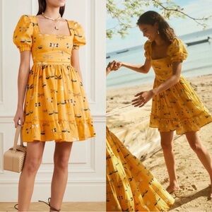 Agua Bendita Mustard Yellow Floral Puff-Sleeve Mini Dress